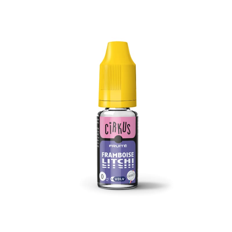 Flacon d'e-liquide VDLV Cirkus Framboise Litchi 10ml avec bouchon jaune et étiquette rose et bleue sur fond blanc.
