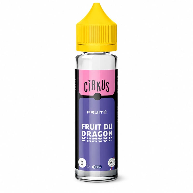 Flacon de 50ml d'e-liquide Cirkus Fruit du Dragon avec bouchon jaune, étiquette rose et violette sur fond blanc.