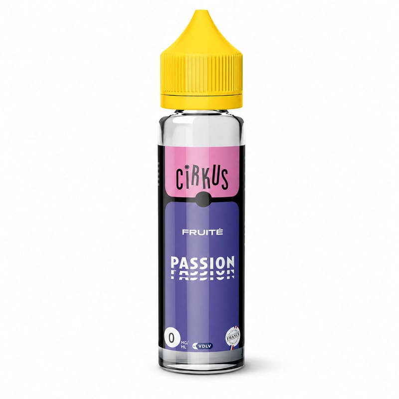 Flacon d'e-liquide Cirkus Passion 50ml avec bouchon jaune, étiquette violette et rose, sans nicotine.