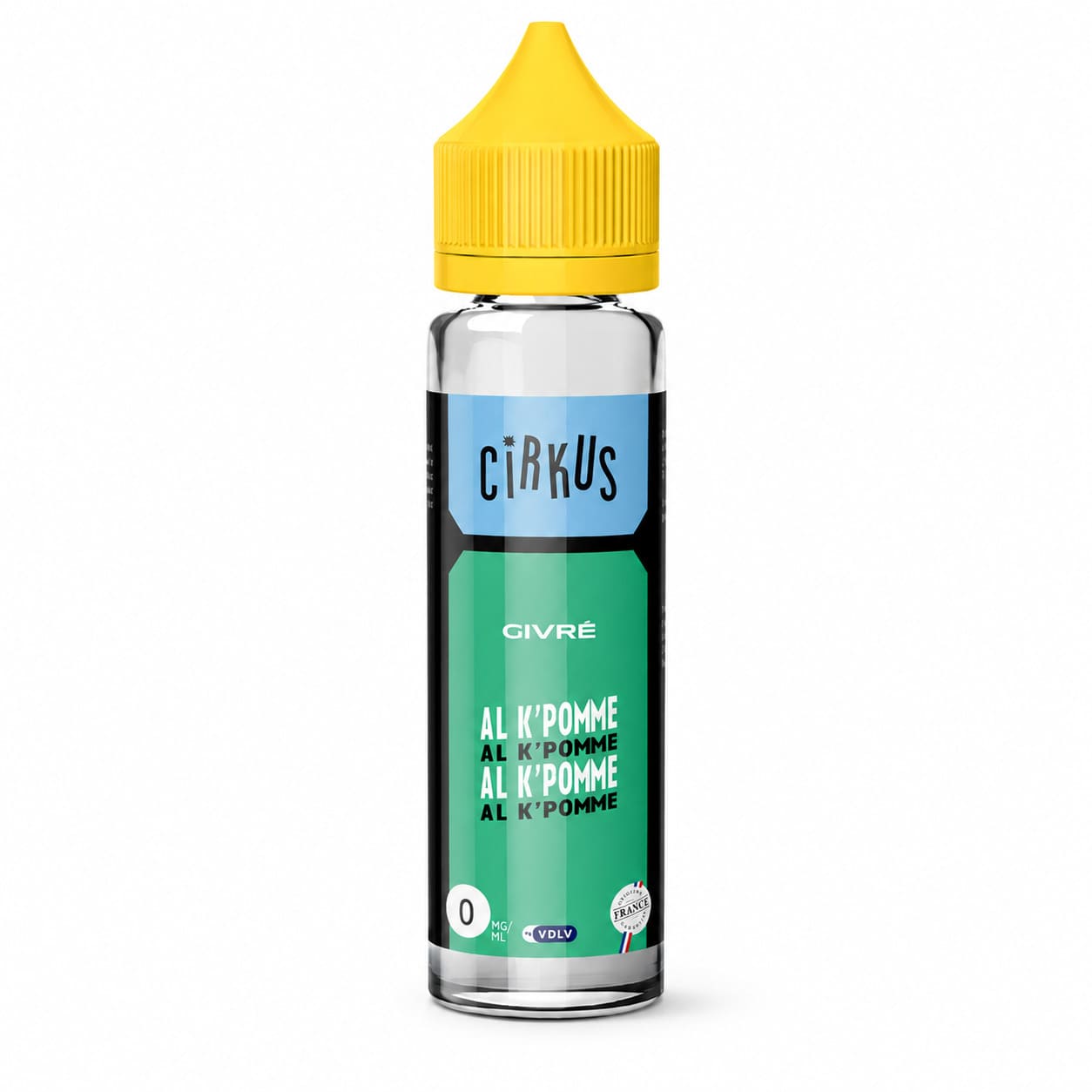 Flacon de 50ml d'e-liquide VDLV Cirkus Givré Al K'Pomme avec bouchon jaune, étiquette verte et bleue, sans nicotine.