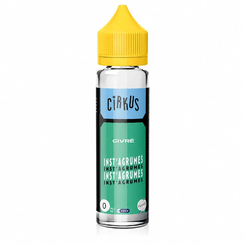 Flacon d'e-liquide Cirkus Inst'Agrumes 50ml avec bouchon jaune, étiquette verte et bleue sur fond blanc.