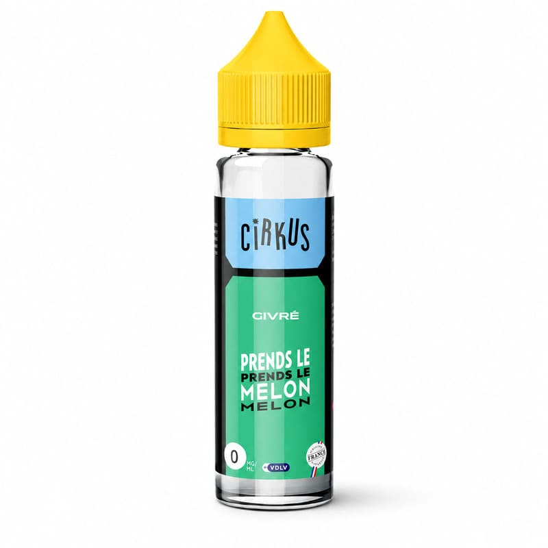 Flacon d'e-liquide Cirkus Givré Prends Le Melon 50ml avec bouchon jaune et étiquette verte et bleue sur fond blanc.