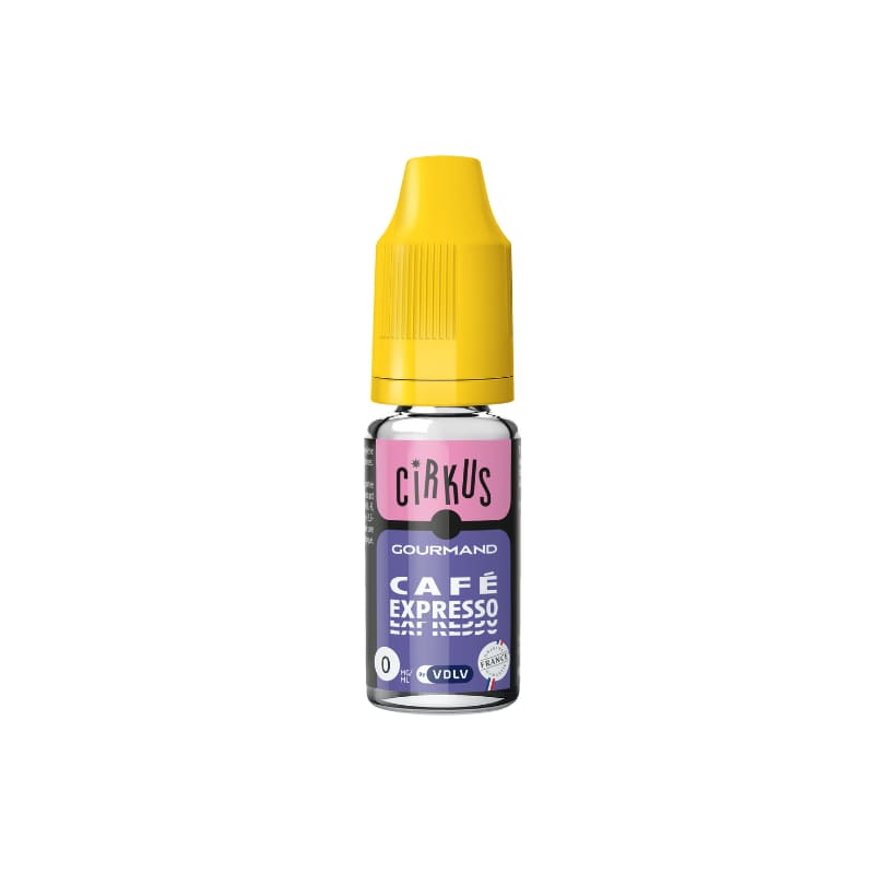Flacon de 10 ml d'e-liquide VDLV Cirkus Café Expresso avec bouchon jaune et étiquette violette et noire.