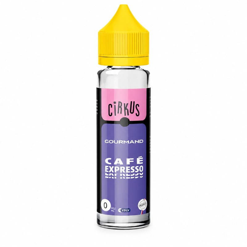 Flacon d'e-liquide Cirkus Café Expresso 50ml avec étiquette violette et bouchon jaune vif sur fond blanc.