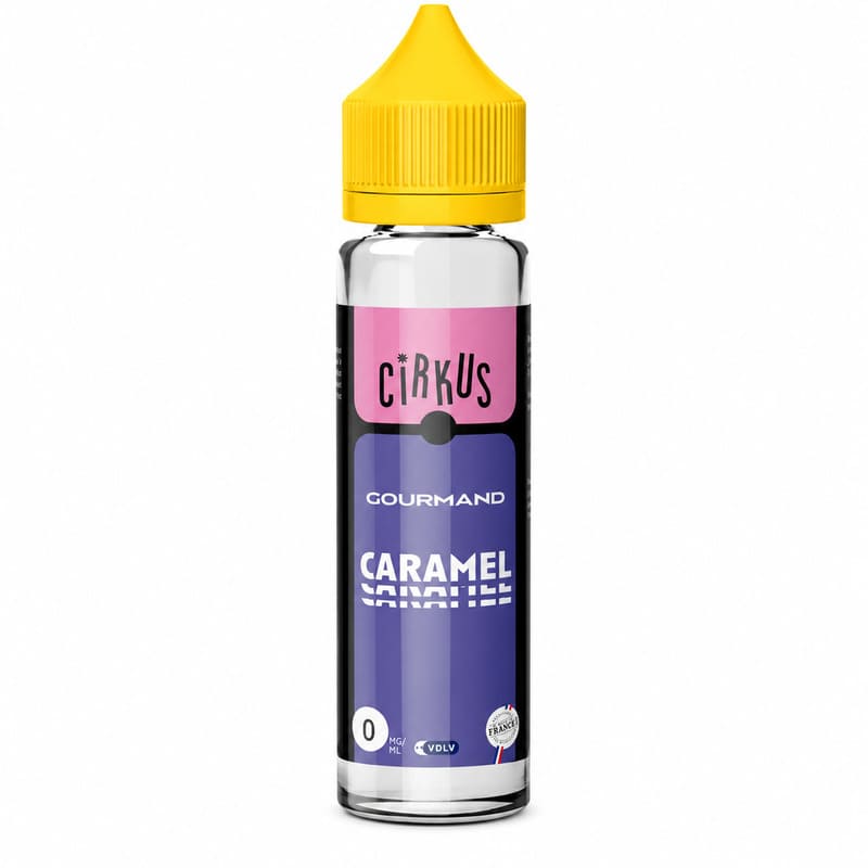 Flacon de 50 ml d'e-liquide Cirkus Caramel avec bouchon jaune, étiquette violette et rose, sans nicotine.