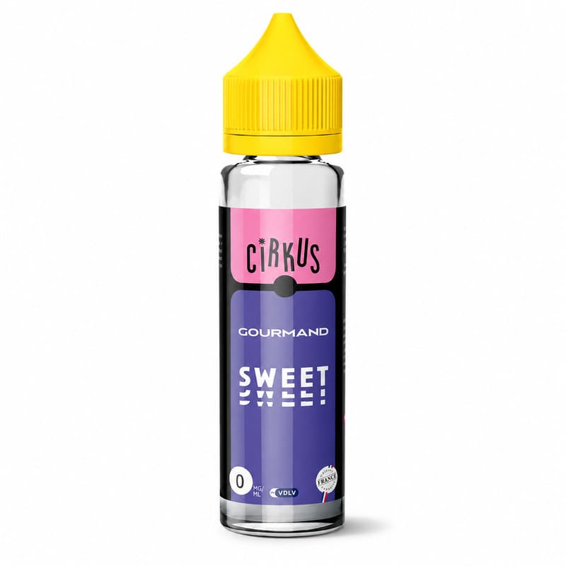 Flacon d'e-liquide VDLV Cirkus Sweet 50ml avec étiquette violette et rose, bouchon jaune vif sur fond blanc.