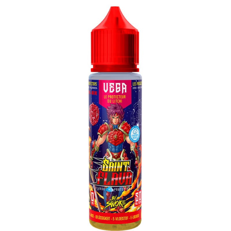 Flacon d'e-liquide 50ml Saint Flava Vega par Swoke avec bouchon rouge et illustration de guerrier manga sur fond bleu.