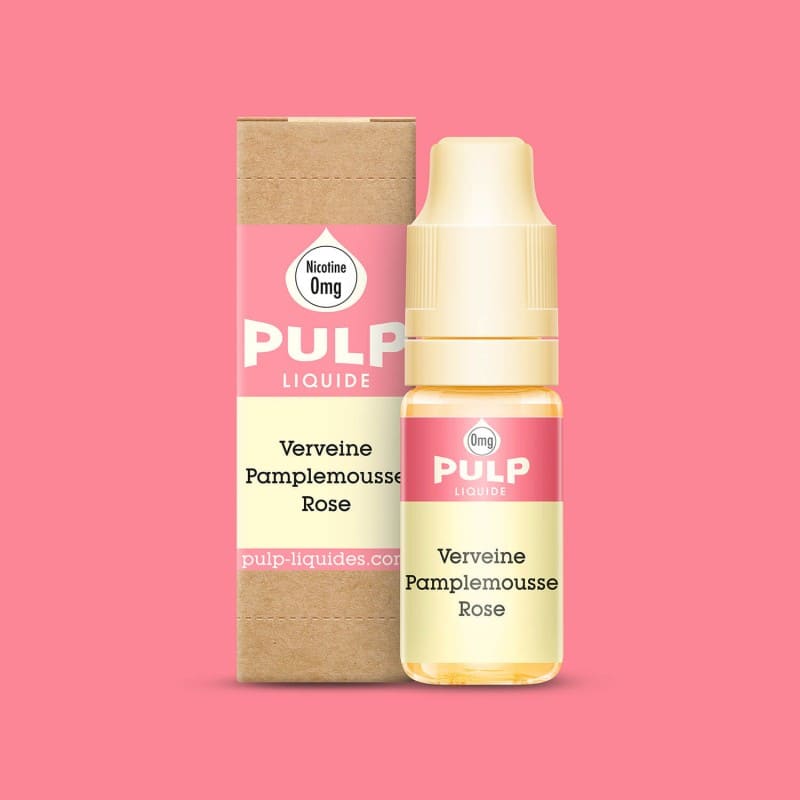 Flacon d'e-liquide PULP 10ml Verveine Pamplemousse Rose avec boîte en carton kraft sur fond rose.