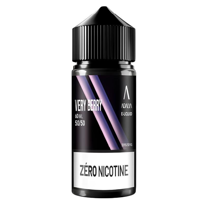 Flacon d'e-liquide Adalya Very Berry 60ml avec étiquette noire, accents violets et bouchon noir sur fond blanc.