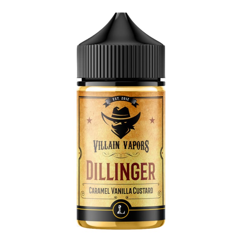 Flacon de 50ml d'e-liquide Villain Vapors Dillinger avec étiquette vintage, logo cow-boy et bouchon noir strié.