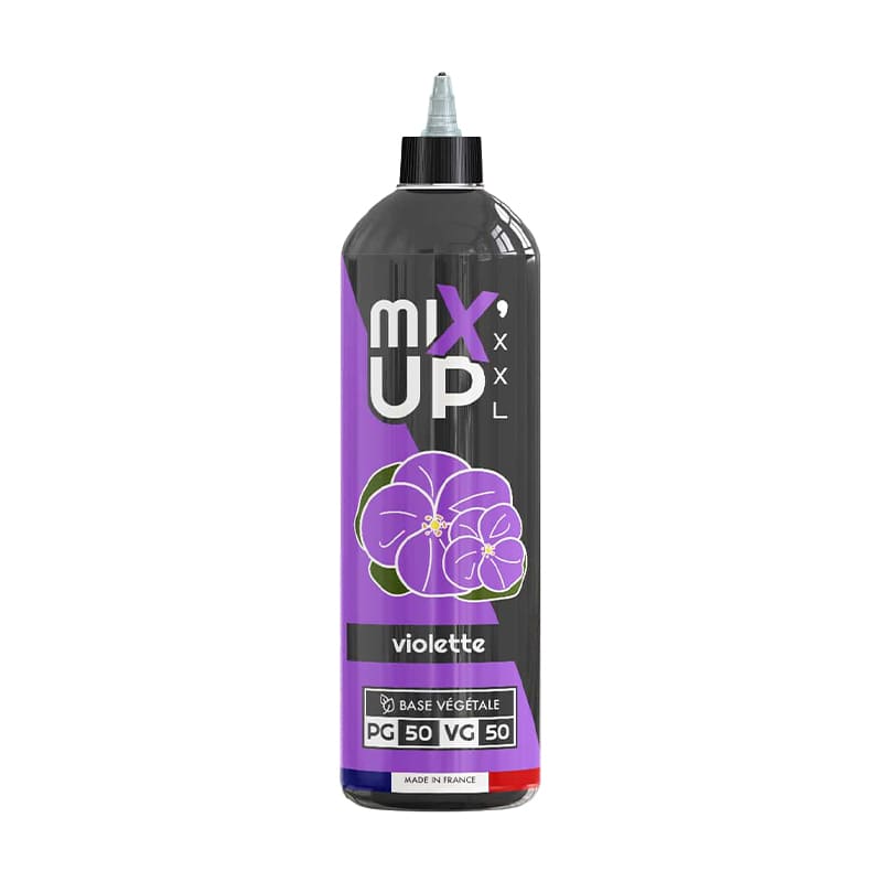 Flacon d'e-liquide Mix'Up XXL Violette 1L avec étiquette violette et illustration florale, base 50/50 PG/VG.