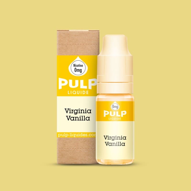 Flacon d'e-liquide PULP Virginia Vanilla 10ml avec sa boîte en carton beige et jaune sur fond uni.