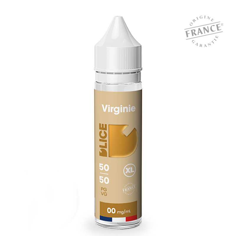Flacon d'e-liquide D'LICE XL Virginie 50ml, étiquette beige, format 0mg nicotine avec logo Origine France Garantie.