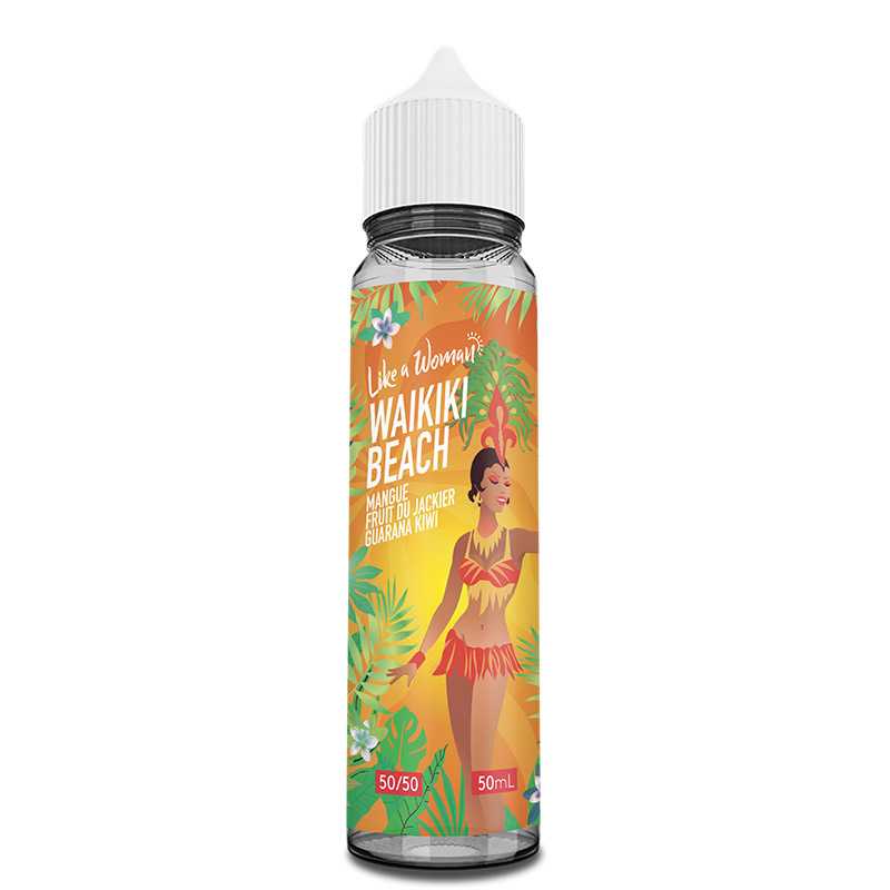 Flacon d'e-liquide Waikiki Beach 50ml avec étiquette colorée illustrant une danseuse exotique et des motifs tropicaux.
