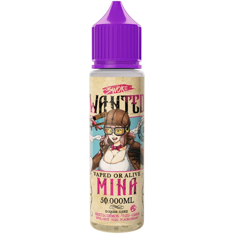 Flacon d'e-liquide Wanted Mina 50ml Swoke avec bouchon violet et étiquette illustrée style aviateur rétro.