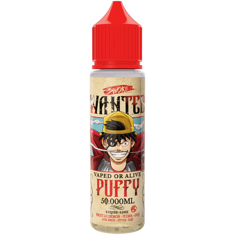 Flacon d'e-liquide Wanted Puffy 50ml Swoke avec bouchon rouge et étiquette style manga sur fond beige.
