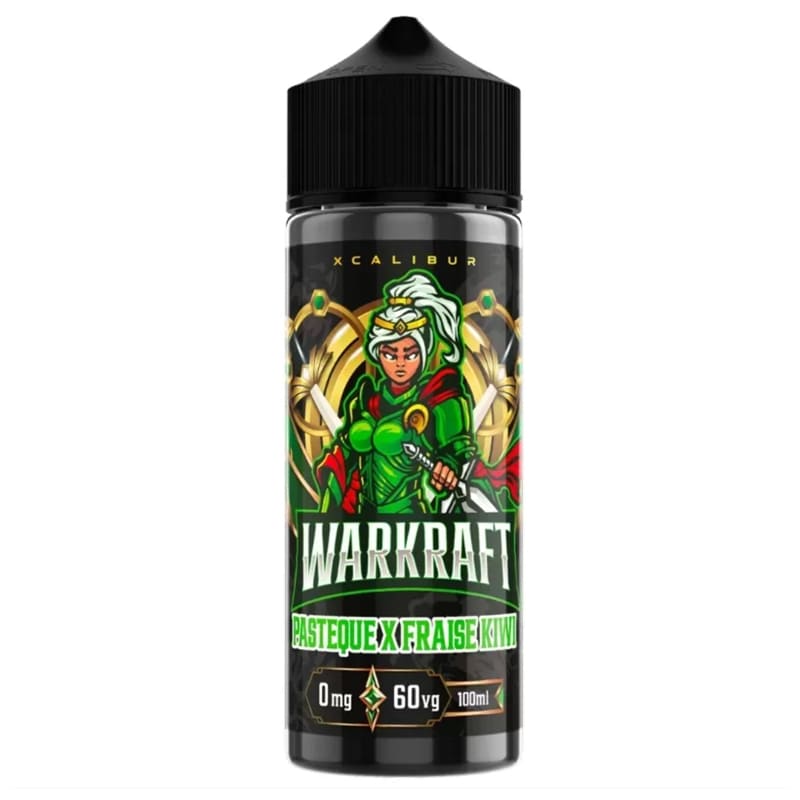 Flacon d'e-liquide Warcraft 100ml Xcalibur avec étiquette illustrée d'une guerriÚre, bouchon noir et détails fruités.