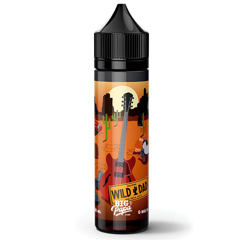 Flacon de 50ml Wild Dad Big Papa avec étiquette illustrée style désert, guitare et soleil sur fond orange.