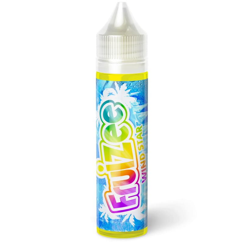 Flacon de 50ml d'e-liquide Fruizee Wind Star avec étiquette bleue tropicale, logo arc-en-ciel et bouchon blanc.
