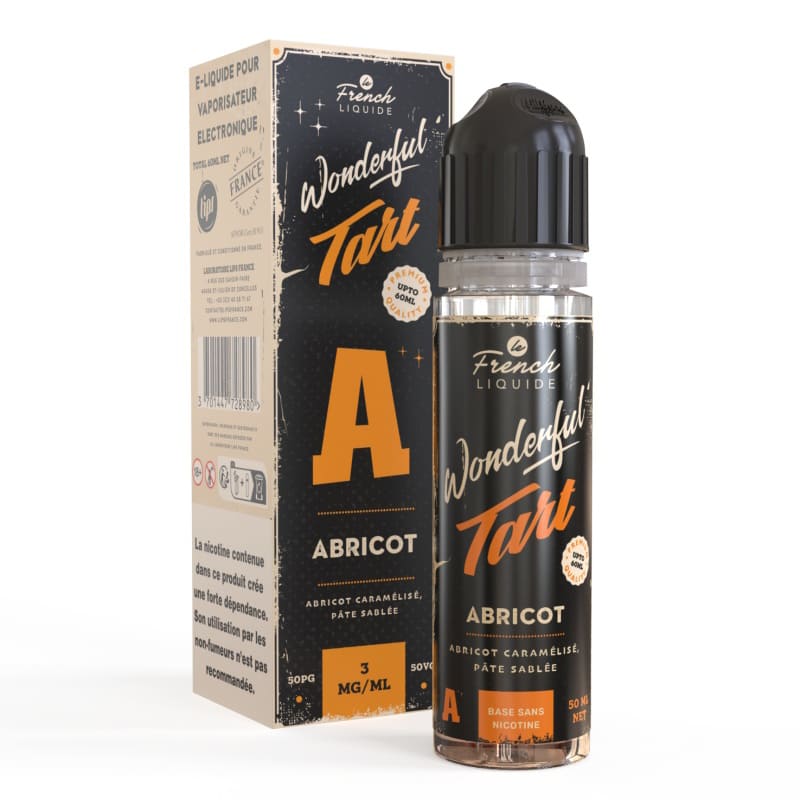 Flacon de 50ml Wonderful Tart Abricot Le French Liquide avec boîte noire et orange, design élégant et moderne.