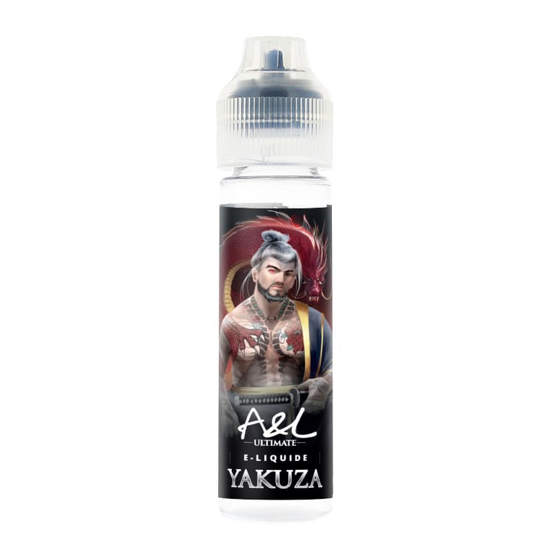 Flacon de 50ml A&L Ultimate Yakuza avec étiquette illustrée d'un guerrier tatoué et d'un dragon rouge sur fond noir.
