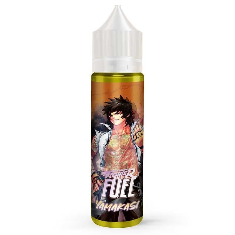 Flacon de e-liquide Fighter Fuel Yamakasi avec illustration de personnage style manga sur fond orange et bouchon blanc.