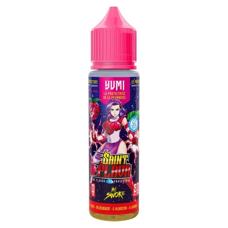 Flacon d'e-liquide Yumi Saint Flava 50ml avec bouchon rose et étiquette illustrée d'un personnage manga sur fond spatial.