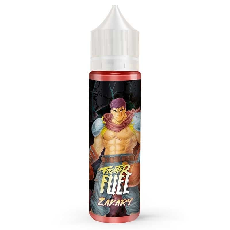 Flacon de e-liquide Fighter Fuel Zakary avec étiquette illustrée d'un guerrier manga sur fond rouge et bouchon blanc.