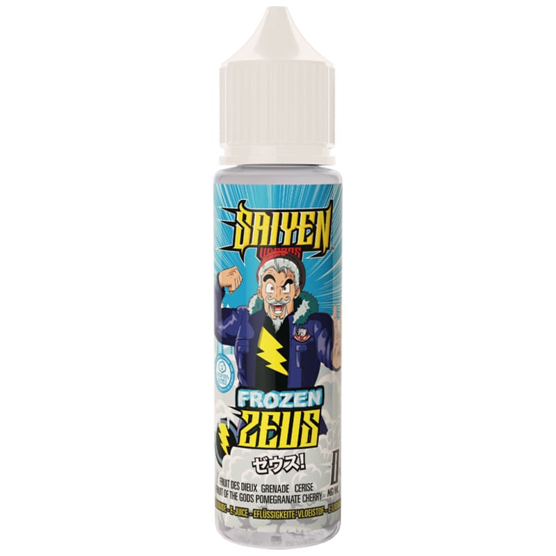 Flacon de 50ml d'e-liquide Saiyen Vapors Zeus Frozen avec étiquette illustrée style manga sur fond bleu et bouchon blanc.
