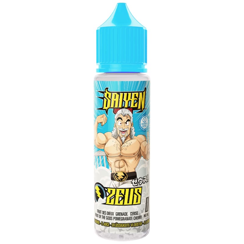 Flacon de 50ml d'e-liquide Zeus Saiyen Vapors avec bouchon bleu, illustré d'un personnage musclé style manga sur fond bleu.