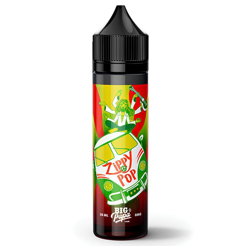 Flacon de 50ml Zippy Pop Big Papa avec étiquette colorée illustrant un van rétro et un personnage sur fond rouge et vert.