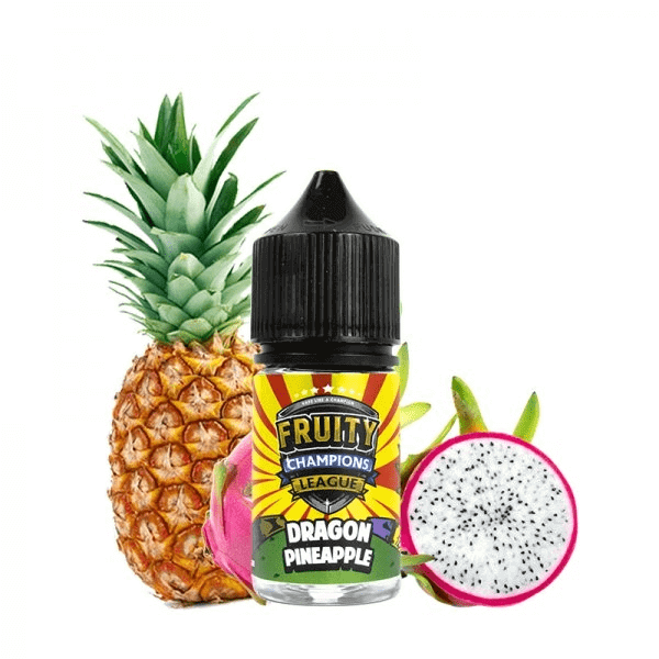 Flacon de 30ml d'arôme concentré Fruity Champions League Dragon Ananas avec un ananas et un fruit du dragon en arrière-plan.