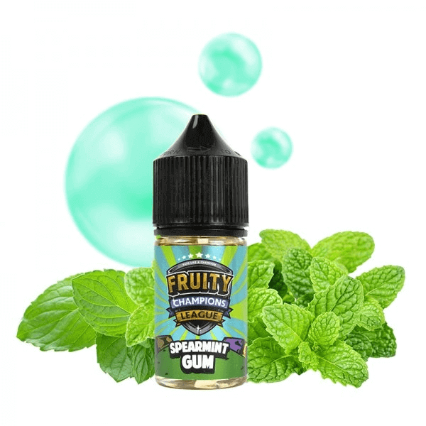 Flacon de 30ml Fruity Champions League Spearmint avec bouchon noir, entouré de feuilles de menthe fraîche et bulles vertes.