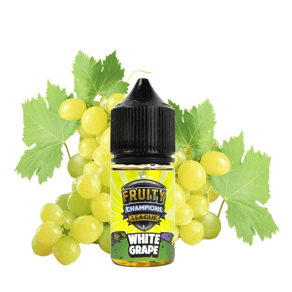 Flacon d'arôme concentré Fruity Champions League White Grape 30ml devant une grappe de raisin blanc frais.