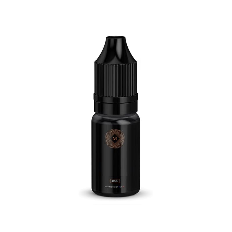 Flacon d'e-liquide noir de 10 ml avec bouchon strié et logo doré, conditionné en France.
