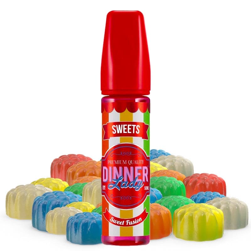 Flacon d'e-liquide Dinner Lady 50ml avec bouchon rouge, entouré de bonbons gélifiés colorés sur fond blanc.