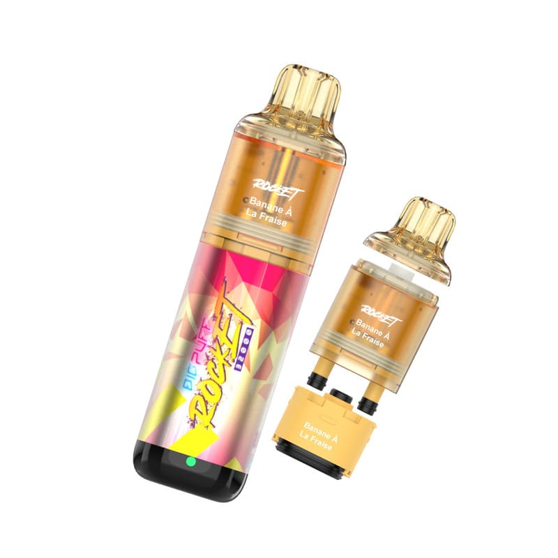 Kit Big Puff Rocket 32000 rechargeable avec pods et flacons d'e-liquide Banane Fraise aux motifs géométriques colorés.