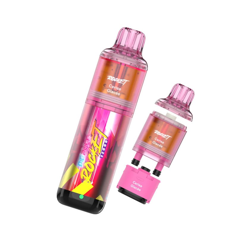 Kit Big Puff Rocket 32000 rose avec pods rechargeables et flacons d'e-liquide Cerise Glacée.