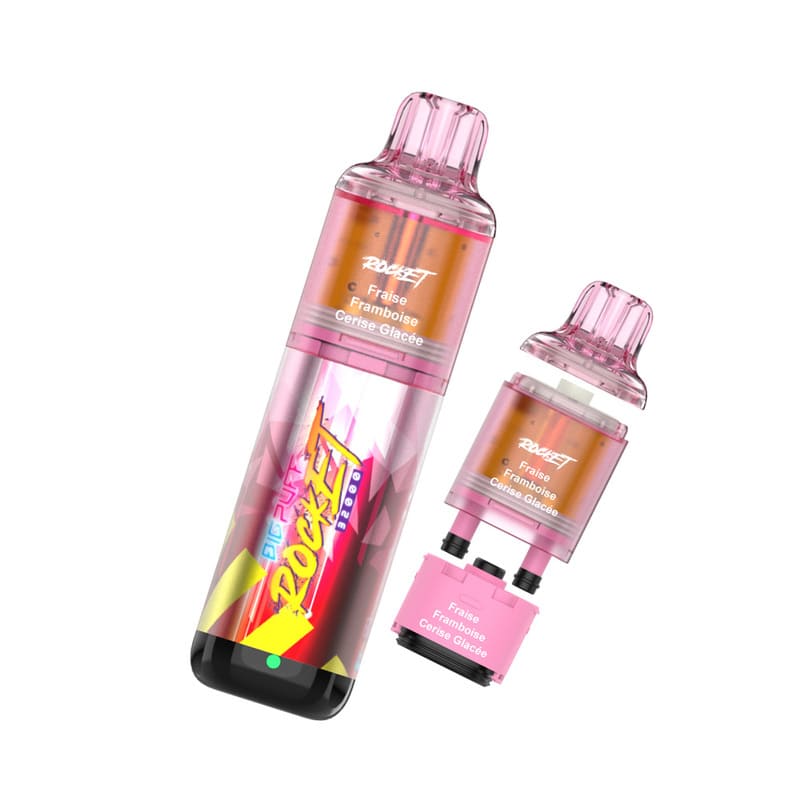 Kit Big Puff Rocket 32000 rose avec pod rechargeable et flacon d'e-liquide Fraise Framboise Cerise Glacée.