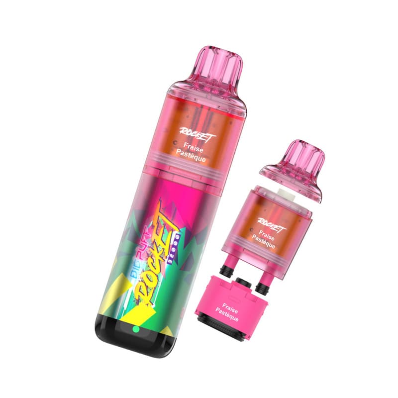 Kit Big Puff Rocket 32000 rose et vert avec pod rechargeable et flacon d'e-liquide Fraise Pastèque clipsable.
