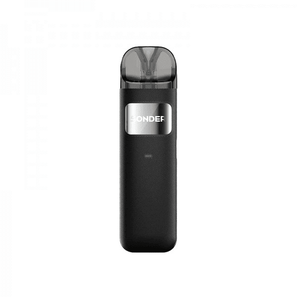 Pod compact Geekvape Sonder U noir avec cartouche transparente et logo argenté brillant sur le corps texturé.