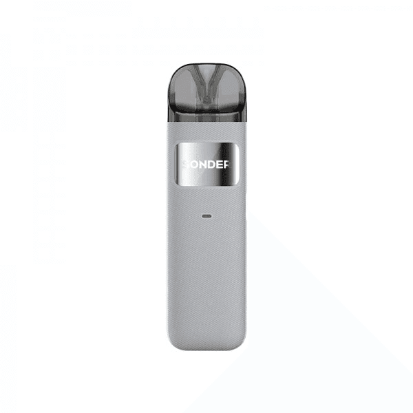 Pod compact Geekvape Sonder U gris clair avec cartouche transparente et logo métallique, design minimaliste sans bouton.
