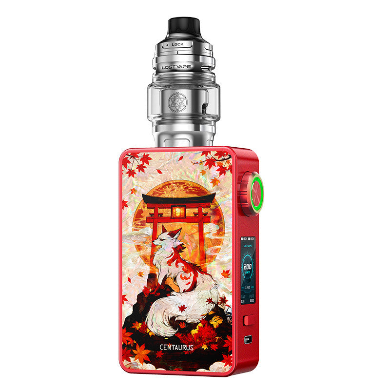 Kit cigarette électronique Lost Vape Centaurus M200 rouge avec illustration de renard et torii sur panneau latéral.