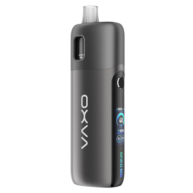 Pod OXVA Oneo Pro gris en alliage de zinc avec écran couleur TFT 0.96" et cartouche transparente intégrée.