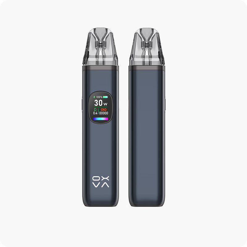 Kit pod OXVA Xlim Pro 2 gris avec écran couleur, batterie 1300mAh et cartouche transparente, vue recto-verso.