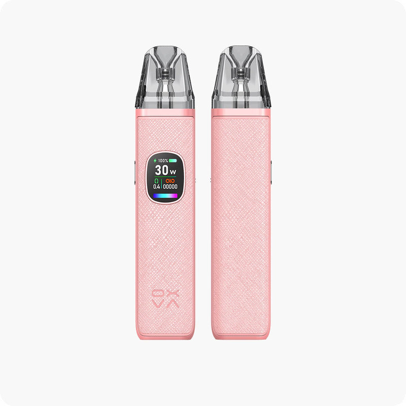 Kit pod Oxva Xlim Pro 2 rose avec revêtement texturé, écran OLED affichant 30W et cartouche transparente.