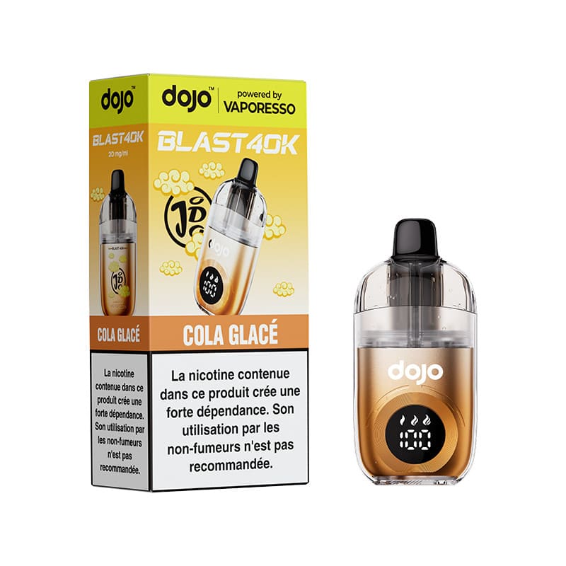 Cigarette électronique rechargeable Dojo Blast 40K couleur bronze avec écran LED et emballage jaune Cola Glacé.
