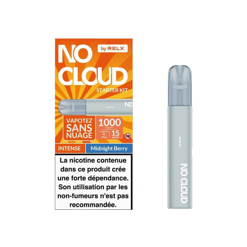 Kit de vapotage RELX No Cloud Intense gris avec batterie 350mAh et cartouche préremplie dans son emballage orange.