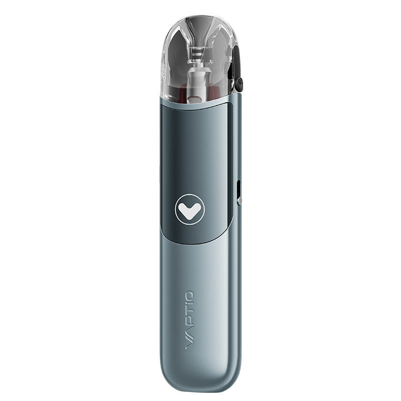 Pod Vaptio Tela bleu métallique compact avec cartouche transparente Nolik-T et bouton central ergonomique.