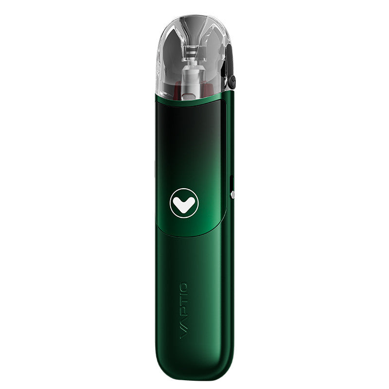 Pod Vaptio Tela vert émeraude compact avec cartouche transparente, bouton central et design ergonomique premium.